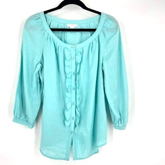 Charter Club Women's Linen Button Down 3/4 Sleeve Top Blouse Turquoise‎ Size 6 - Picture 1 of 9